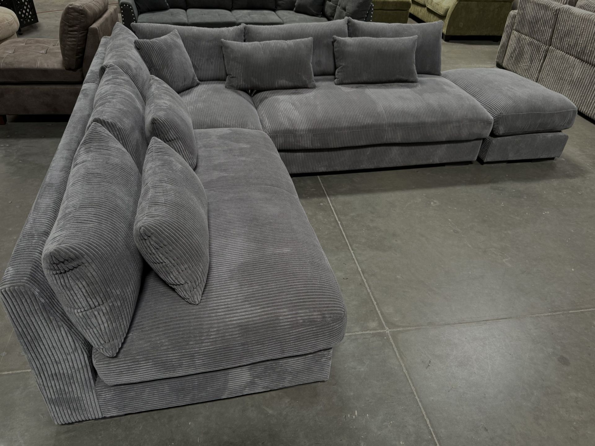 New! Deep Seating Couch, Dark Grey Sectional, Plush Sectional, Sectionals, Sofa, Couch, Sectional Sofa, Corduroy Sectional, Gray Couch, Grey Sofa. Dim