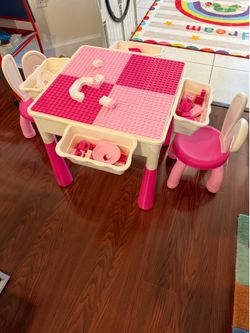 Kids costumes and mini mouse telephone and Lego like table and 2 chairs n accessories