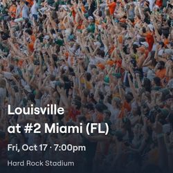 2 UM Vs LOUSIVILLE TICKETS SEC 122 ROW 36 Lower Corner