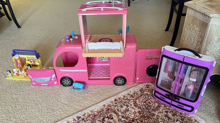 Barbie Camper, Barbie Closet – Wardrobe, Bluey restaurant, Bundle. With All Accessories And Dolls Included.