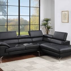 Sectional Black Leatherette, Solid Wood Frame, Metal Legs Chrome Finish. 86"x65"x28"-37"h. New Especial Price 