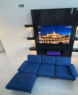 New blue velour velvet sectional L shaped sofa chairs seater house home furniture living room house