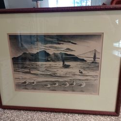 Adolf Dehn Signed Art Print Golden Gate Bridge Vintage 1940 Lithograph Framed San Francisco California Birds Boats Water Mountains Sky Clouds