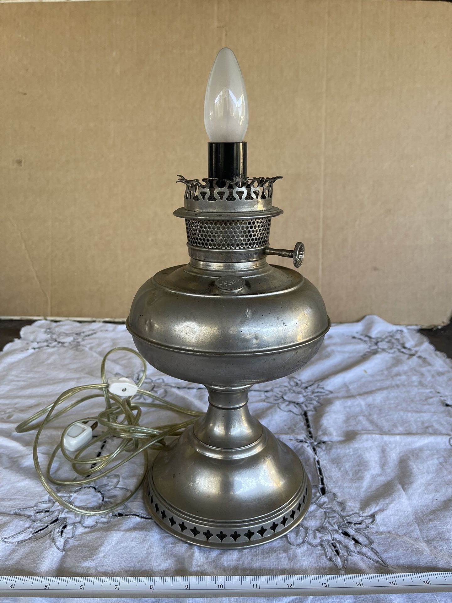 Antique Nickel Plated Kerosene Oil Lamp Converted to Electric