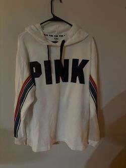 PINK Victoria's Secret White Rainbow Stripe Logo Pullover Hoodie Large