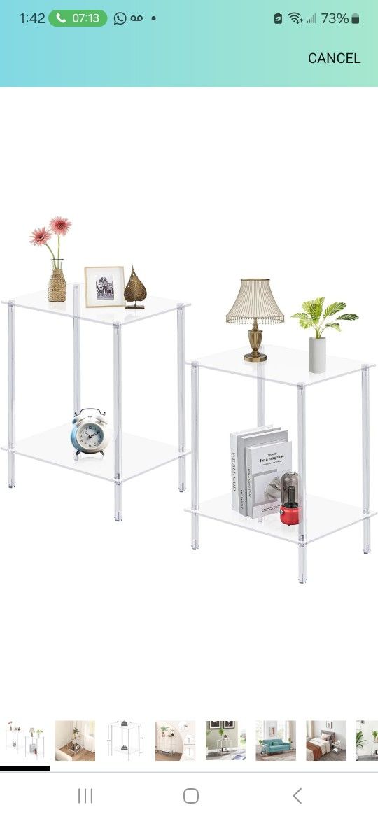 Acrylic Glass Side Tables with 2 Shelve, End Table Set of 2, Nightstands for Tight Spaces, 2-Tier Tempered Glass Bedside Table for Office, Bedroom, Li