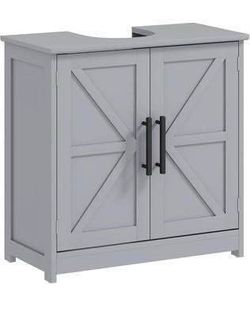 Newly assembled Pedestal Sink Storage Cabinet 2 Barn Doors Dark Gray Farmhouse Freestanding