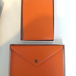 Leather orange note holder wallet and matching passport holder