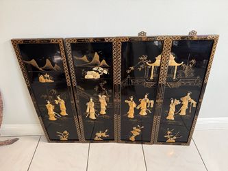 Vintage Asian Mother of Pearl Inlay Wall Art – 4 Panel Set