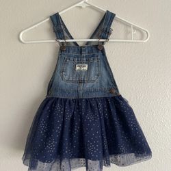 OshKosh Girls Denim Blue Jean Jumper Dress 2T Overalls Tulle Gold Dots 24m