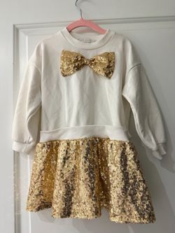 Rachel Zoe girls sequin bow dress, ivory sweatshirt dress with gold sequin skirt, size 3T