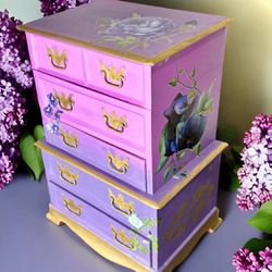 Violet Floral Painted Vintage Music / Jewelry Box