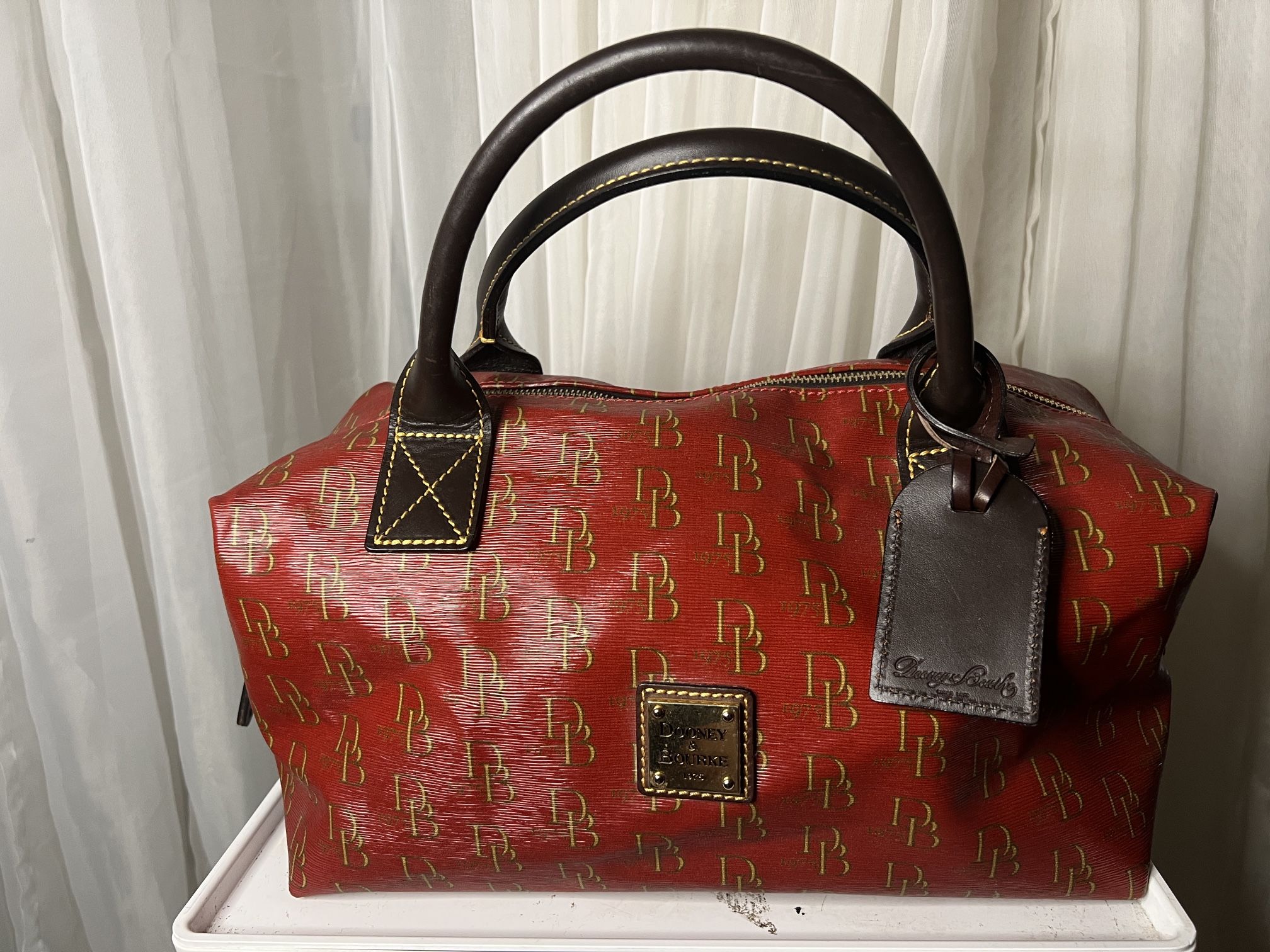 Dooney & Bourke Red and Gold Signature Leather Barrel Satchel