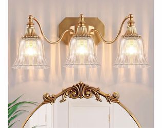 Brushed Gold 3-Light Bathroom Vanity Light, Crystal Glass Shade Vintage Look, Antique Gold Finish, Solid Metal Frame, Wall Mount Lighting Fixtures Ove