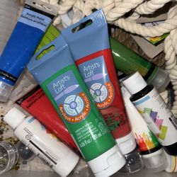 Large Arts & Crafts Bundle – Paints, Canvases, Pens, Rope, Supplies + Storage Bin