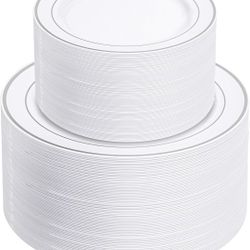 NOCCUR 200PCS Silver Plastic Plates Disposable for 100 Guests - Include 100 Dinner / 100 Dessert Plates Heavy Duty - Ideal for Party/Wedding/New Year