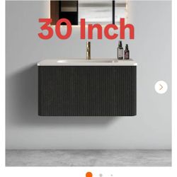 30 in. W Single Sink Striped Brushed Floating Black Oak Bath Vanity with White Ceramic Top, Pre-assembled