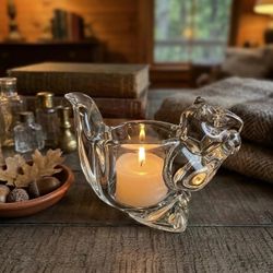 Vintage Avon Heavy Clear Art Glass Chipmunk Squirrel Votive / Tealight Candleholder (1970s)