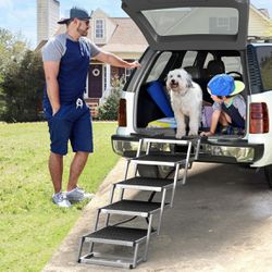 1126-Dog Car Ramps for Large Dogs, Portable Foldable Dog Stairs with Non-Slip Surface, Aluminum Dog Steps for Cars SUV Trucks High Beds, Support up to