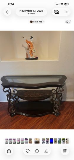 Elegant Traditional Console Table – Ornate Wrought Iron & Glass with Marble Inlay