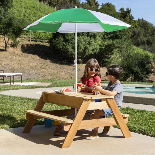 3-in-1 Kids Convertible Wood Sand & Water Picnic Table w/ Umbrella