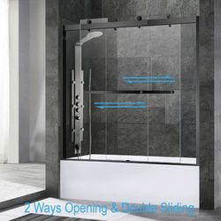 SDD6062-MBL Frameless Bathtub Shower Doors 56-60" Width x 62"Height with 3/8"(10mm) Clear Tempered Glass, 2 Ways Opening & Double Sliding in Matte Bla