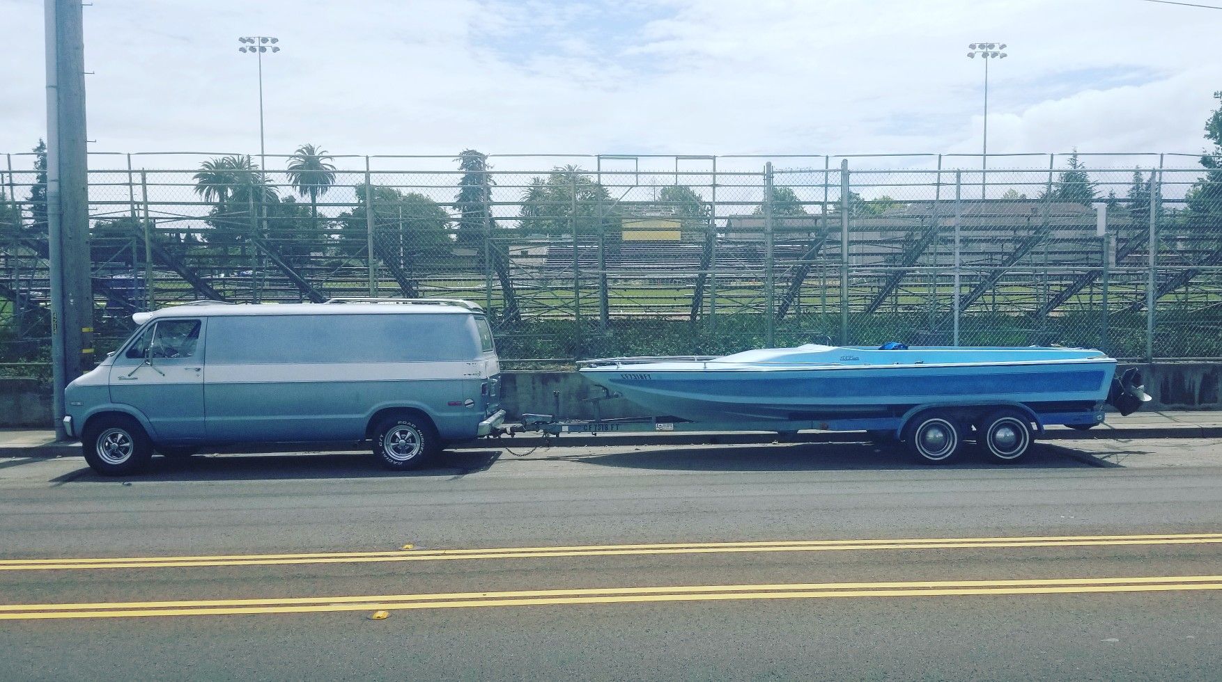 Vintage fiberglass jet boat & double axle trailer
