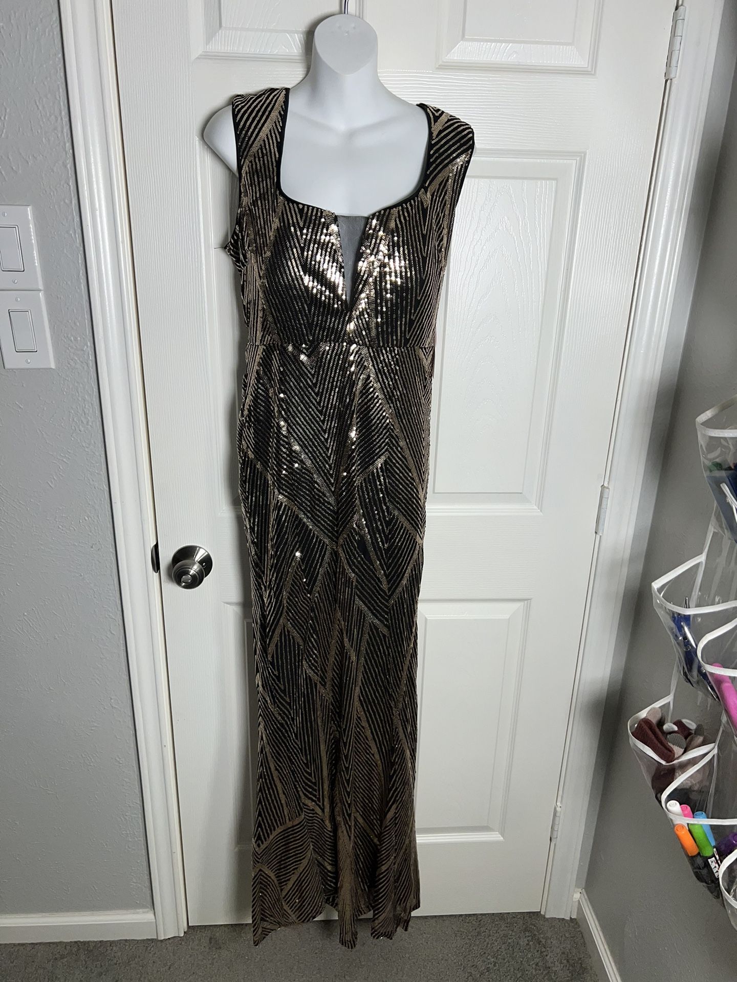 Gold & Black Sequined Full Length Evening Dress