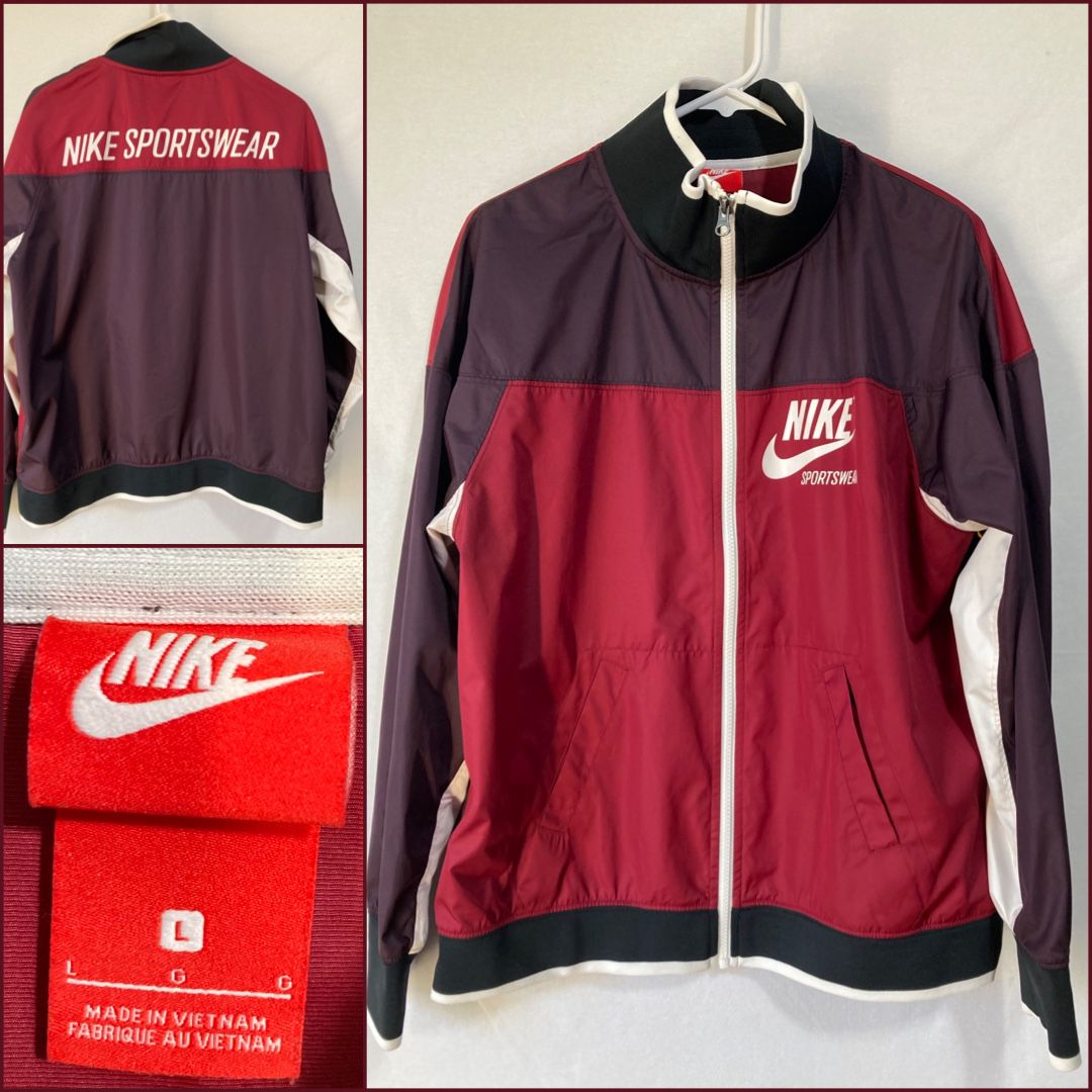 Vintage NIKE Sportswear Full Zip Jacket Spell Out Swoosh Red Windbreaker W-Large