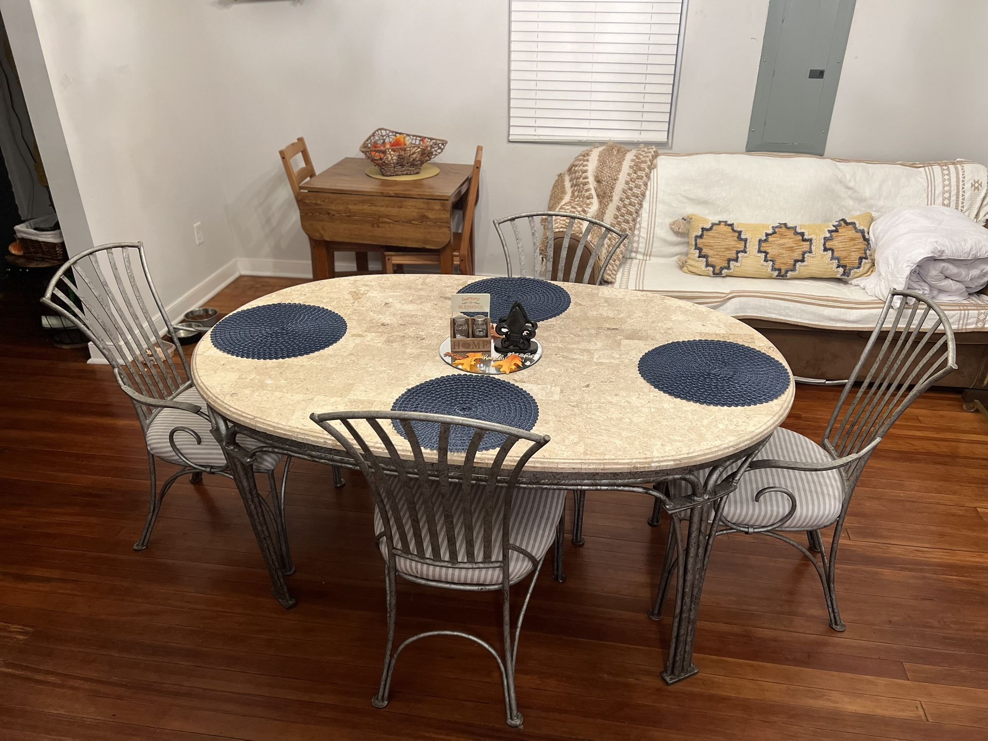 5 Piece Dining Set Oval Travertine Table w Metal Base