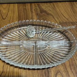 Vintage section glass relish/nut/fruit dish w/starburst design & scalloped edge & shell glass spoon
