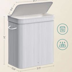 SONGMICS 26.4 Gal Laundry Hamper with Lid Bamboo Basket w/ Handles - Dove Gray