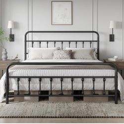 Classic Metal Platform Bed Frame Mattress Foundation with Victorian Style Iron-Art Headboard/Footboard/Under Bed Storage/No Box Spring Needed/King Siz