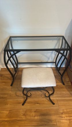 Glass Top Metal Vanity Desk with Stool