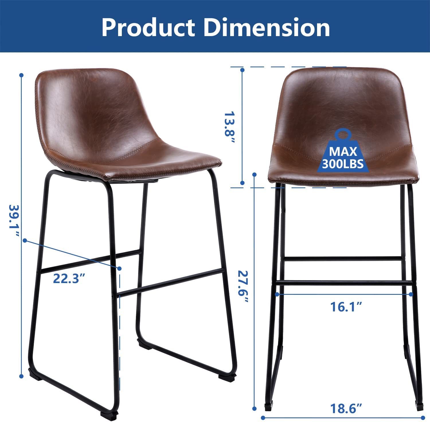 Leather Dining Chairs Set of 2, Brown Faux Leather Bucket Seat and Black Metal Legs Upholstered for Home Kitchen Dining Living Room Bedroom Indoor