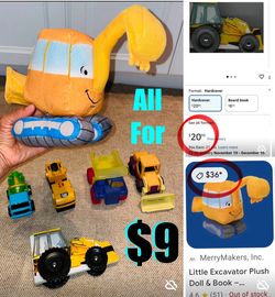 $9 FOR ALL TOY CONSTRUCTION 🚧 TRUCKS IN GREAT CONDITION AND WHEELIE BOAR BOOK
