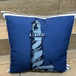 Pottery Barn Lighthouse Outdoor Decor Accent Pillow Nautical Blue Harbor 20”x20”