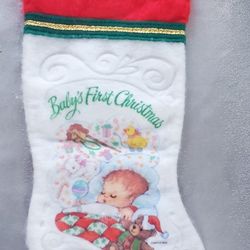 VTG 1980's Santa’s Best White Felt Embossed Baby's First Christmas Stocking 14" 
