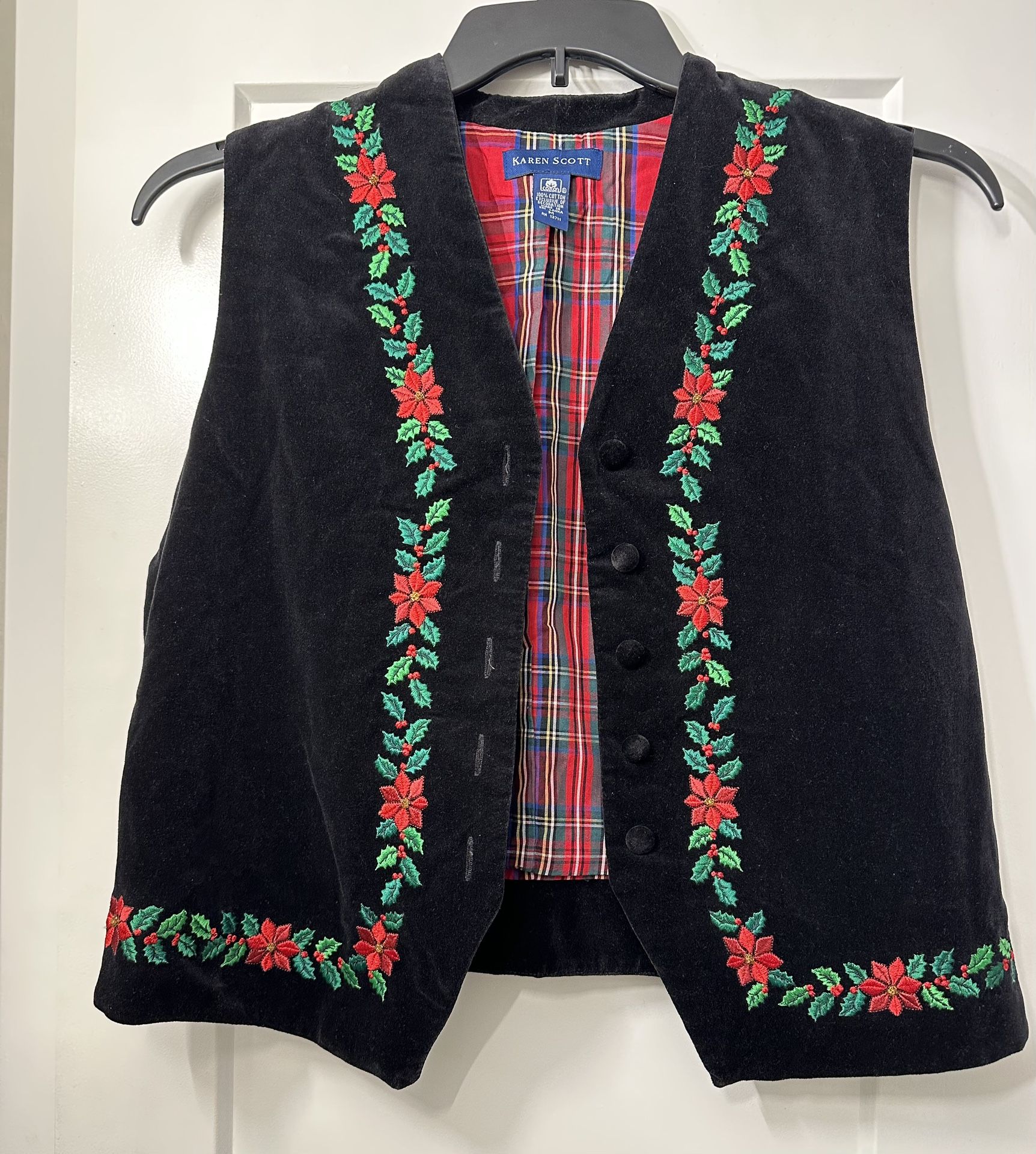 Y2k 90s 80s Christmas Vest Vintage Velvet Holly Karen Scott Brand 100% Cotton Size Medium