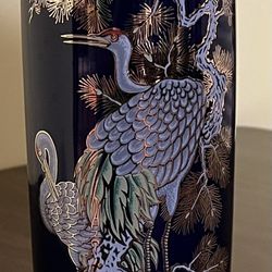 Vintage Davar Originals Japan Cobalt Blue Vase Cranes Pine Tree Gold Accents 11”