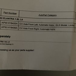 Left & Right Cv Axle Hyundai  Elantra 