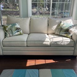 Bassett Custom Beige Sofa MADE IN USA with Tropical Pillows