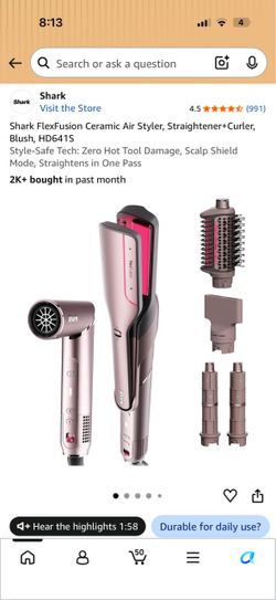 Shark FlexFusion Ceramic Air Styler, Straightener+Curler, Blush, HD641S Style-Safe Tech: Zero Hot Tool Damage, Scalp Shield Mode, Straightens in One P