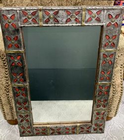 Mexican Brass Pewter Enameled Mirror