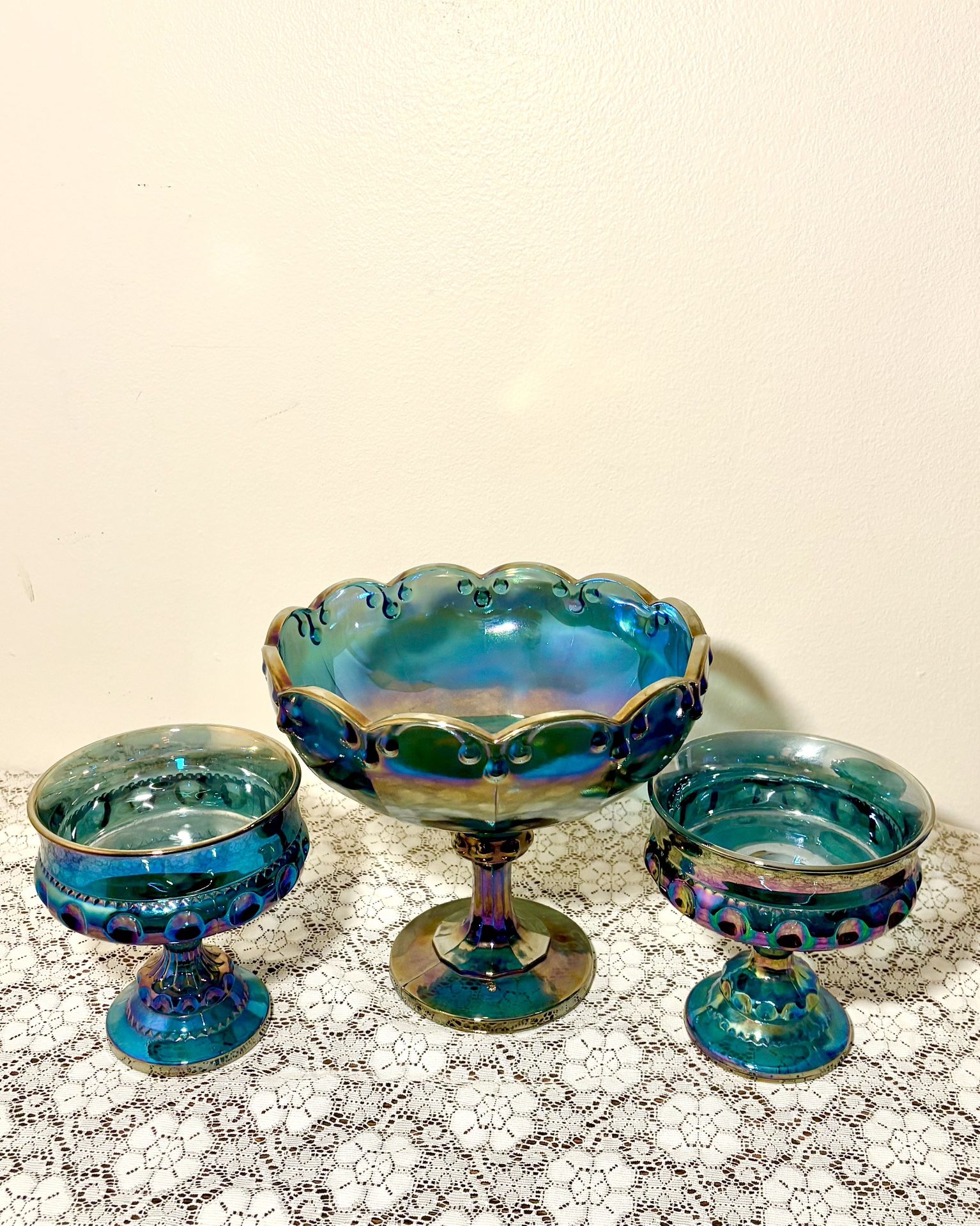 Vintage Iridescent Blue Carnival Glass Set – Teardrop & Kings Crown Patterns