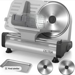 OSTBA Electric Meat Slicer with 200W DC Motor, 2 Removable 8.7" Stainless Steel Blades, Adjustable Thickness 0-15mm, Food Tray & Hand Grip, Deli Food 