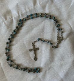 Rosary With Turquoise Jasper Stones And An Ornate Silver Tone Crucifix.