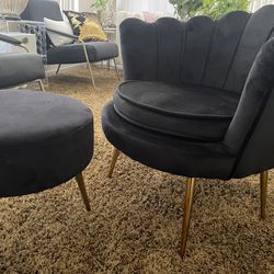 Black Velvet Chair Included Ottoman