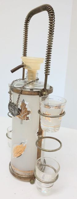 Vintage Mid Century Libby Leaf Decanter & Shot Glasses

