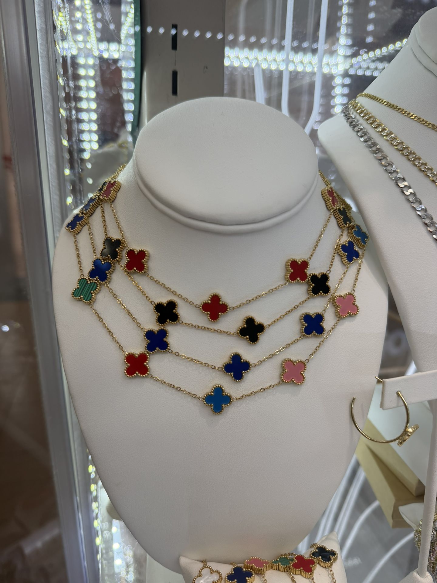 Bold Multi-Color Clover Charm Layered Necklace – Gold Finish